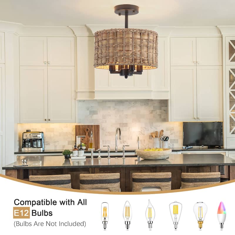 4-Light Classic Candlestick Hanging Semi Flush Mount Ceiling Lighting Chandelier with Rattan Shade for Dining Room