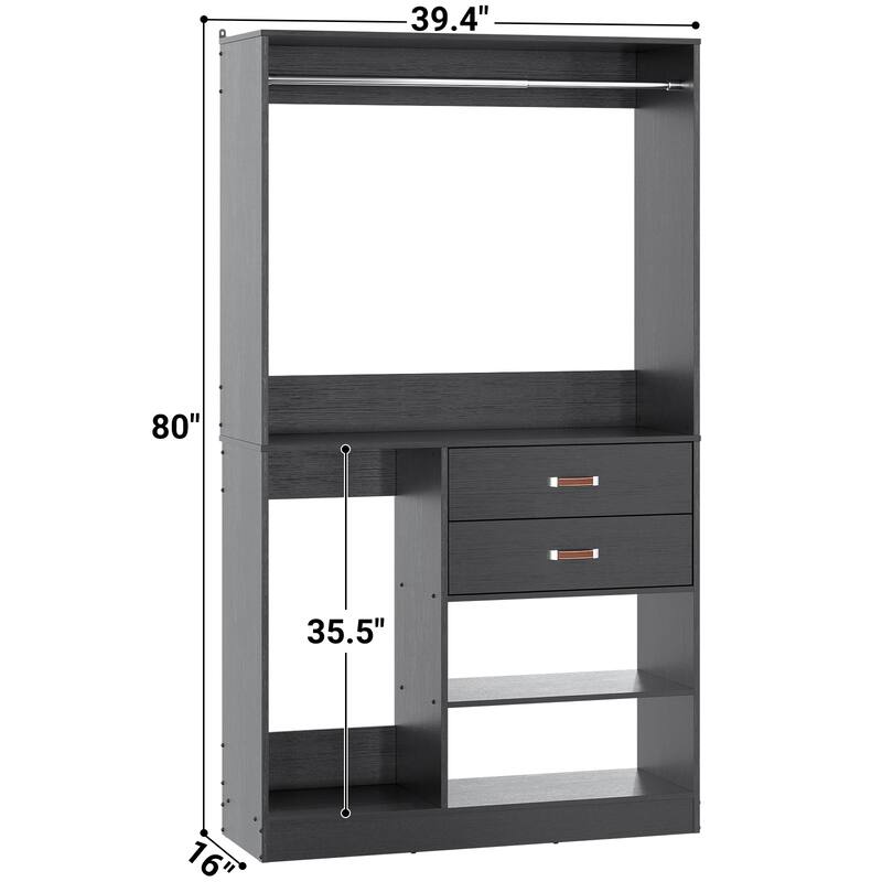 Rackcog Freestanding Closet Organizer with Hanging Rod, Closet System Wardrobe with Wood Drawers