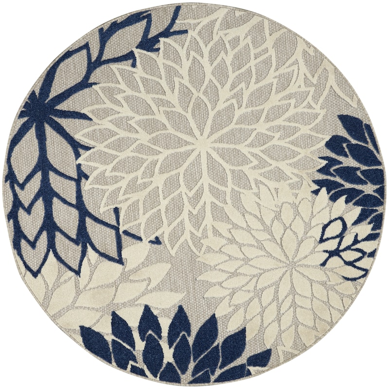 Nourison Aloha Floral Modern, Indoor/Outdoor Area Rug - 4' x Round - Ivory/Navy Blue