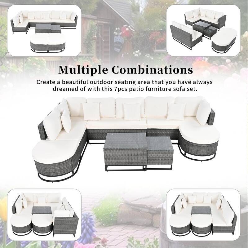 7-Piece Outdoor Wicker Sectional Sofa Set, All-Weather Patio Rattan Furniture Set with Coffee Table and Pillows