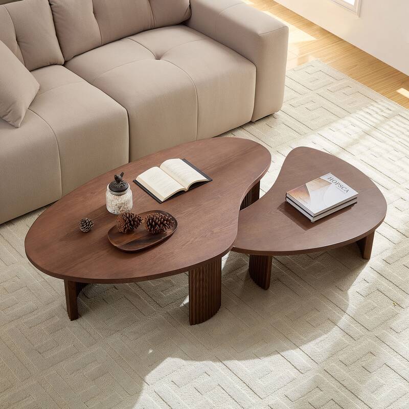 Irregular Shape Coffee Table Set, Two-Piece Staggered Height End Table, Accent Table with Embossed Legs