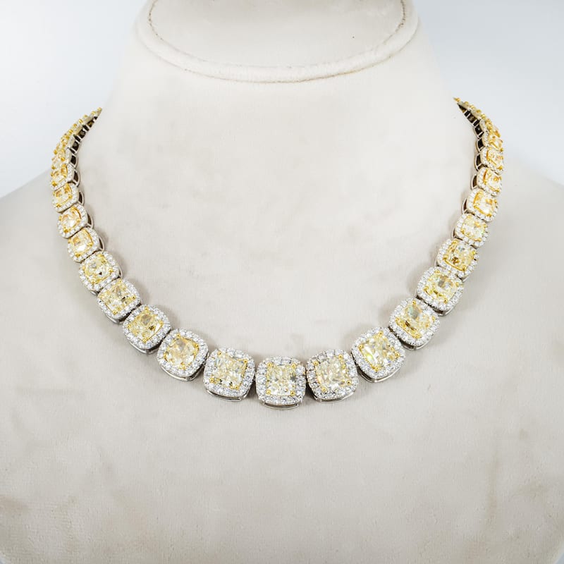 House Of Leon 18K White Gold Graduated Cushion Cut Canary Yellow Diamond Chain 74.25ct