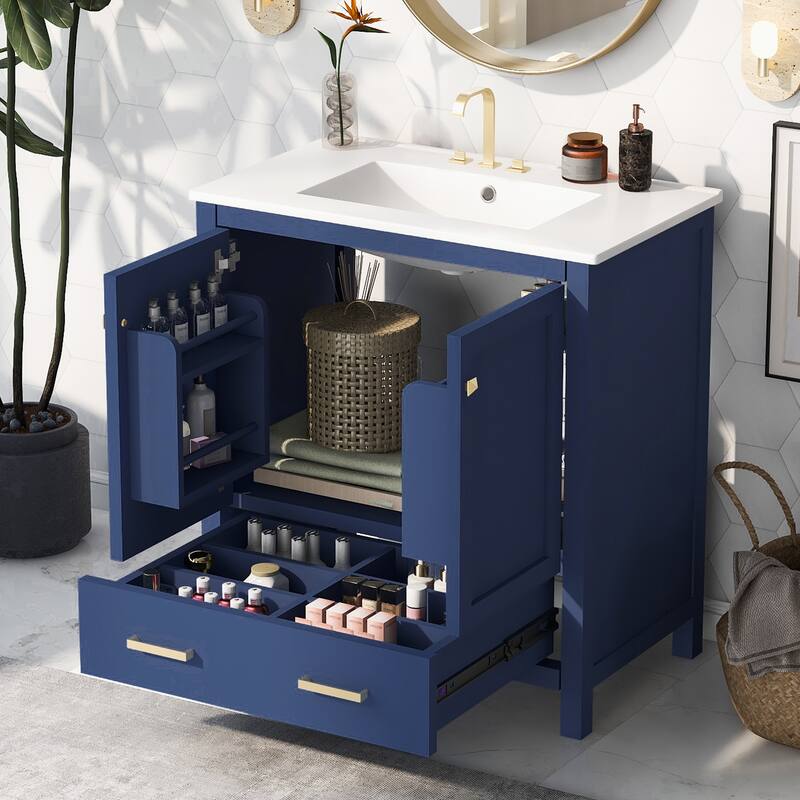 Bathroom Vanity with Single Sink, 2 Soft Closing Doors and 1 Drawer - Blue