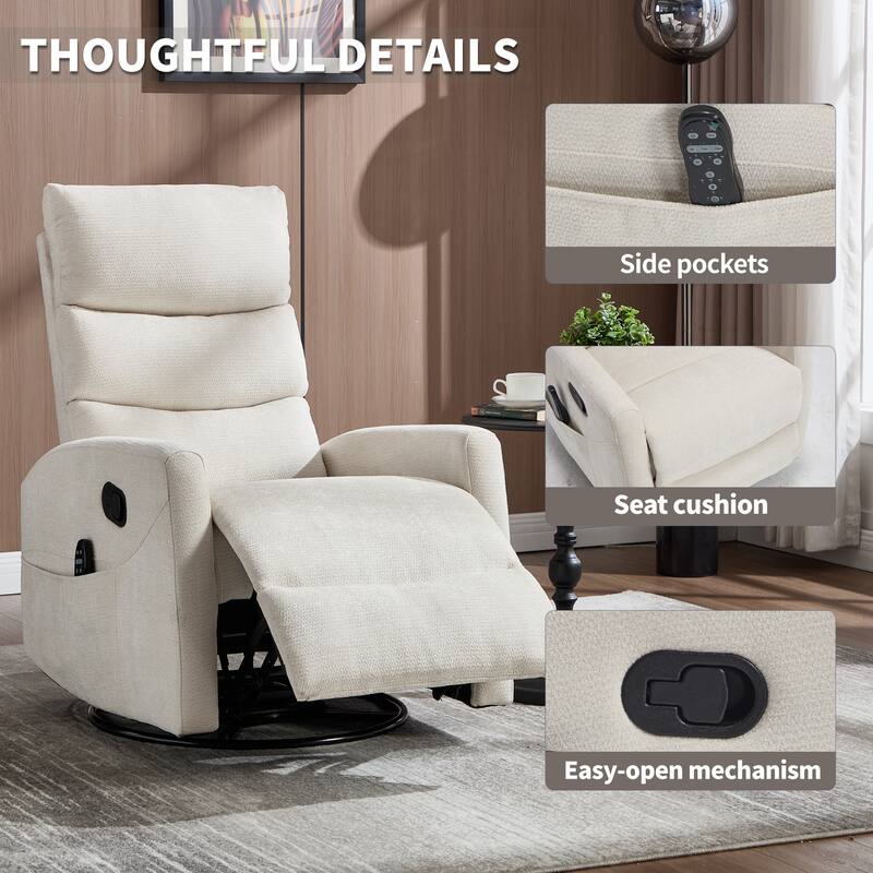 Roomfitters Manual Swivel Rocker Recliner Chair with Heat and Massage Fabric Glider Lounge Sofa for Living Room
