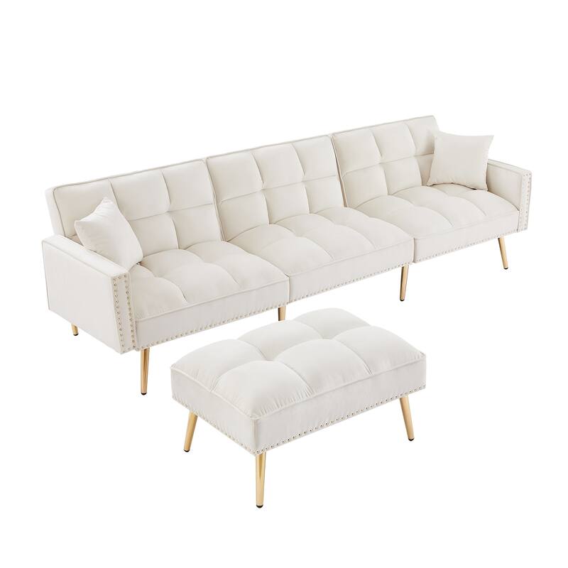White Velvet Upholstered Reversible Sectional Sofa Bed , LShaped Couch