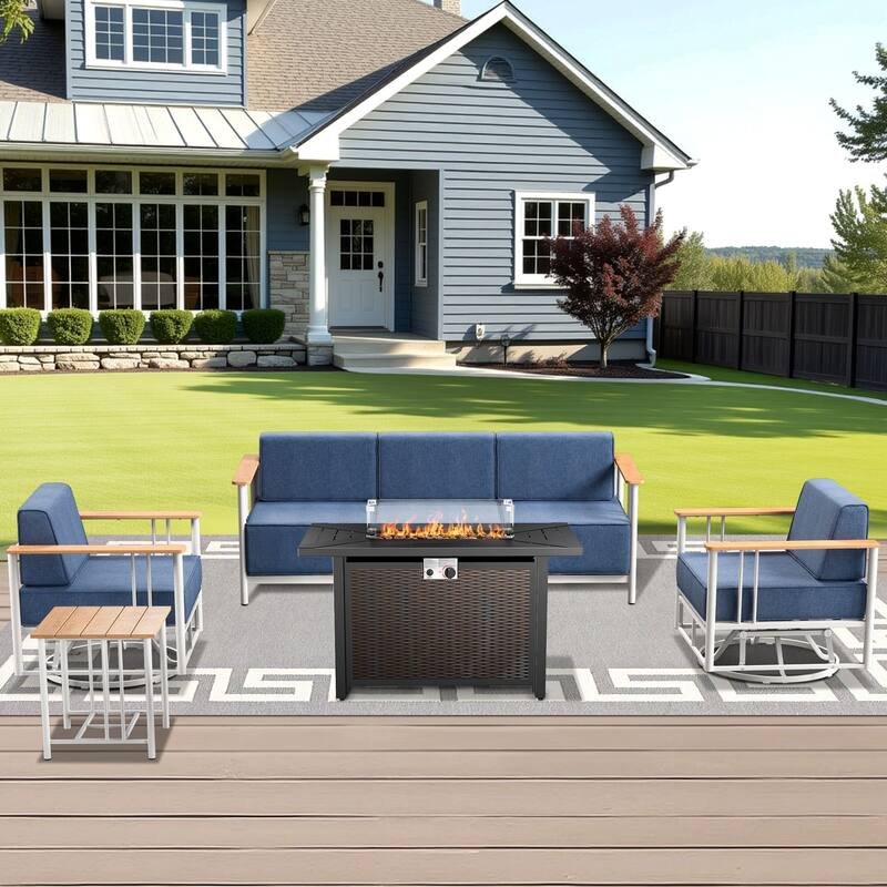 Pocassy 5PCS Sofa Chair Table with Fire Table - White & BLue Cushion - 5PCS Sofa Chair Table with Fire Table