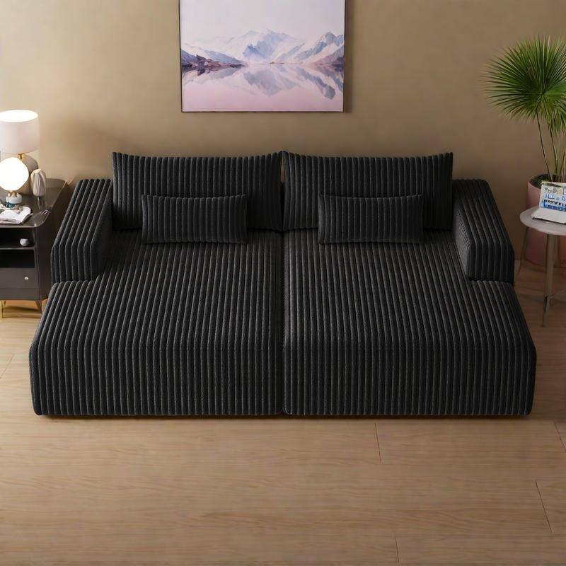 102" Corduroy Cloud Chaise Sectional with Reclining Sofa Bed, No-Assembly Design & Ergonomic Backrest - Black