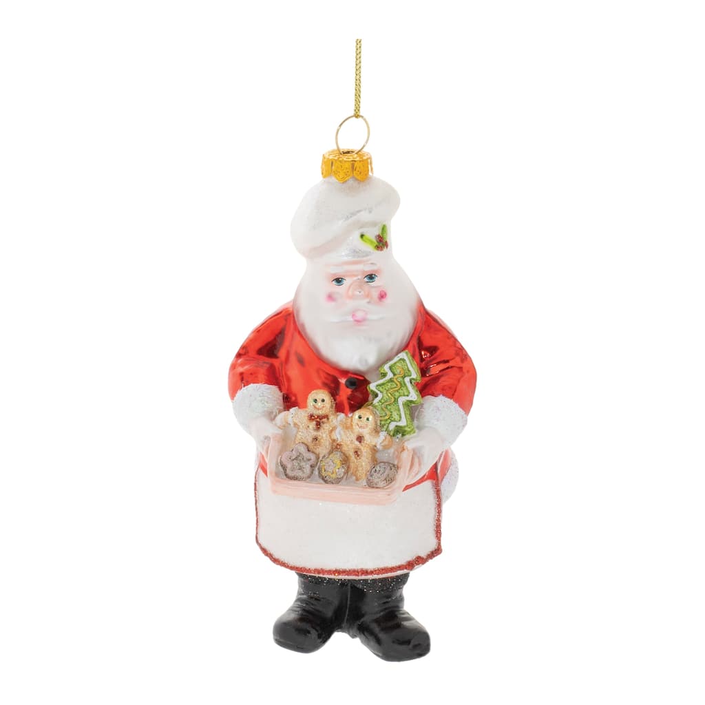 Set of 6 Baking Santa Claus Ornaments Glass Holiday Decor with Cookie Tray and Glitter Detail - 2.5”L x 3”W x 6”H