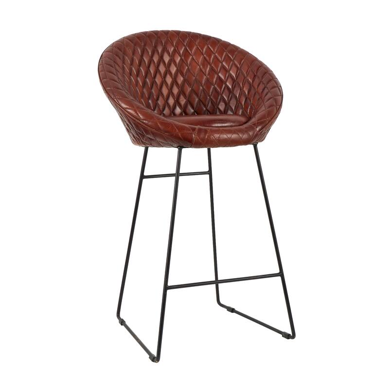 Brown Leather Round Diamond Tufted Bar Stool with High Back and Black Metal Legs (Set of 2)