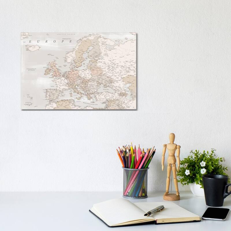 iCanvas "Detailed Map Of Europe In Distressed Brown" by blursbyai Canvas Print - 8x12x0.75
