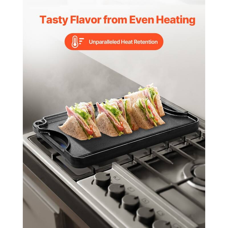 Black Reversible Flat Cast Iron Griddle Grill BBQ Pan with 500°F Heat Resistant for Indoor Outdoor Cooking