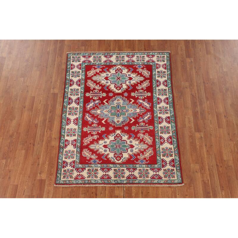 Red Kazak Area Rug Hand-Knotted Oriental Wool Carpet - 4'1" x 5'6"