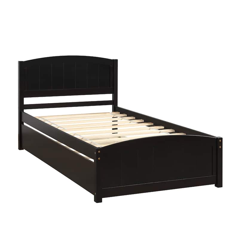 Twin Size Wood Platform Bed with Trundle Bed and Headboard, Wooden Slat Support