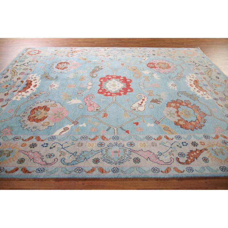 Light Blue Floral Oushak Area Rug Hand-Knotted Oriental Wool Carpet - 8'11"x 11'10"