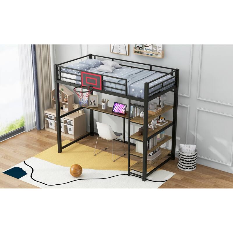 Twin Loft Bed with Study Desk, Storage Shelves, and Indoor Basketball Hoop, Black Metal Frame with Guardrails and Ladder