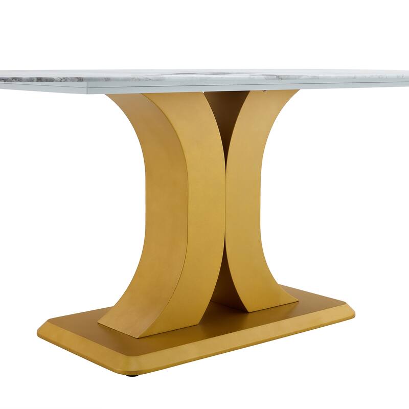 Modern Dining Table Set, Dining Table with C-Shaped Metal Legs, Black Upholstered Leather Dining Chairs