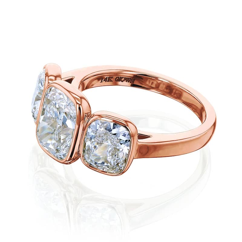 Kobelli 6 Carats Lab Grown Diamond Solid 14k Gold Elongated Cushion 3-Stone Bezel Croft Ring