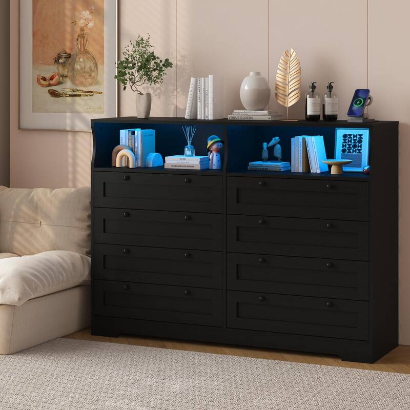 8 Drawers Wooden Dressers for Bedroom Living Room, Hallway, Wood Dressers with Led Lights and Charging Station