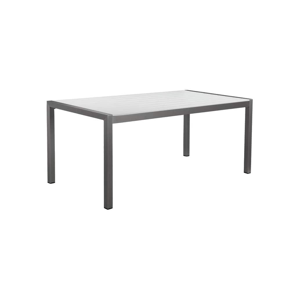 Fifi 71 Inch Outdoor Dining Table, White Polyresin Top, Gray Aluminum Frame