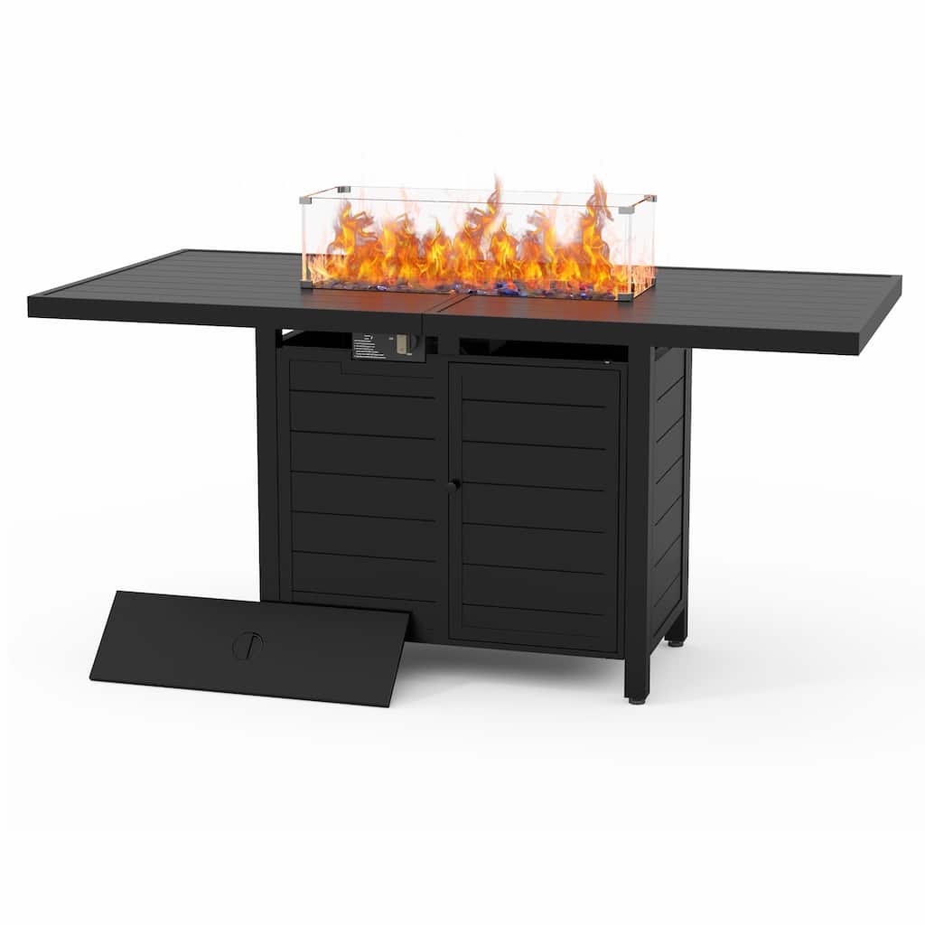 59.8" Aluminum Propane Fire Pit Table, 50,000 BTU Outdoor Dining Table w/ 10 LBS Beads, Rectangle Fire Table