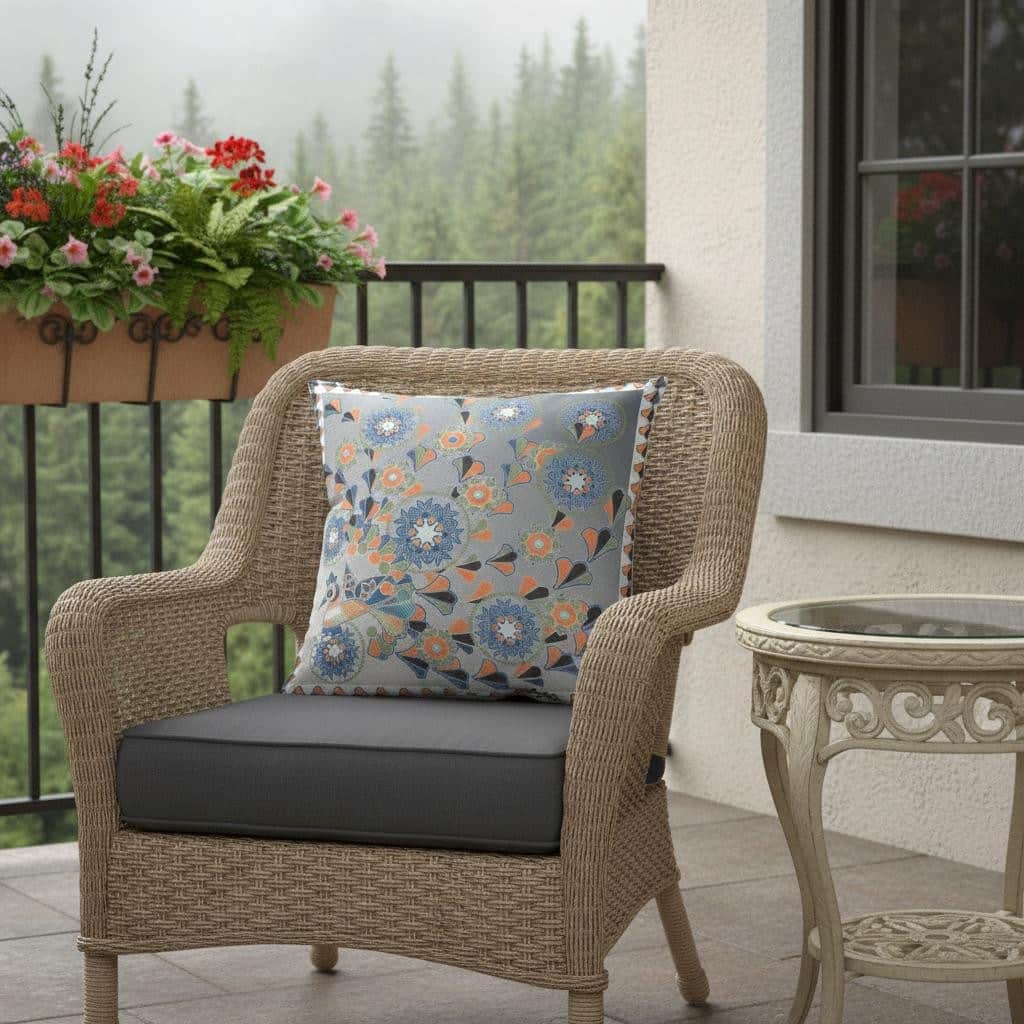 HomeRoots 26" x 26" Gray and White Peacock Blown Seam Floral Indoor Outdoor Throw Pillow - 26.00' X '5.00' X '26.00