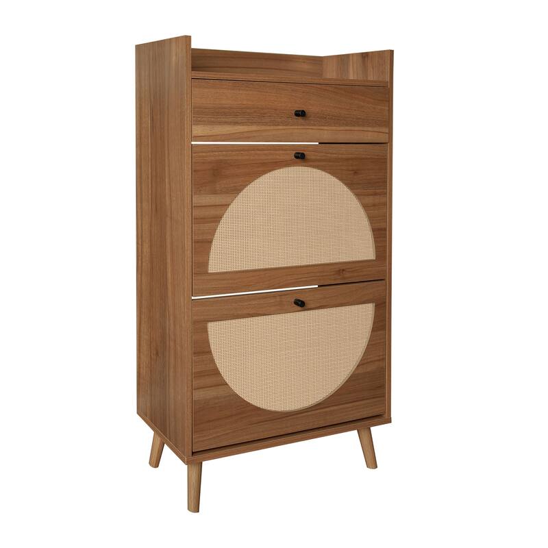 Entryway Shoe Storage Cabinet, Freestanding Rattan Shoe Rack, Shoe Organizer with 2 Flip Drawers & 1 Pull-Out drawer
