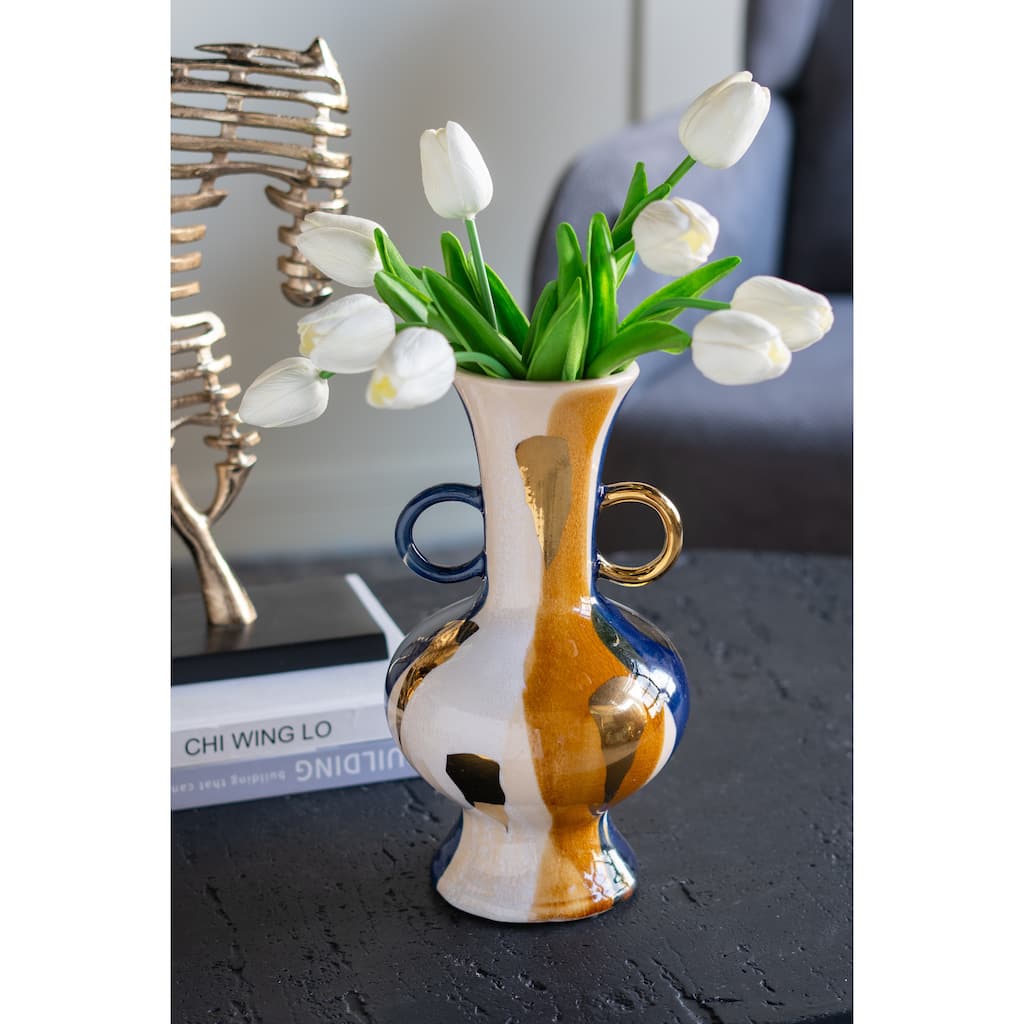 5.9x5.9x10.6" Round Ceramic Vase with Abstract Multicolored Finish and Small Handles