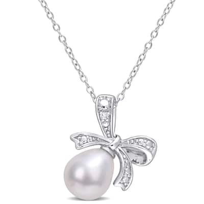 Miadora Sterling Silver Cultured Freshwater Pearl & Diamond Accent Bow Necklace (8.5-9mm)