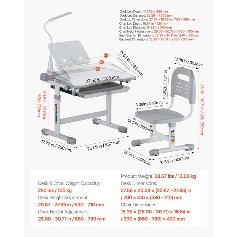 Grey Height Adjustable Kids Chair and Desk Set with Lamp and Tilted Desktop - 27.56 x 20.08 x (20.87 - 27.95) in