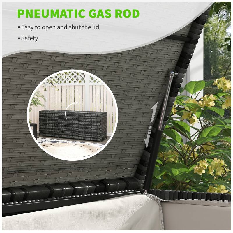 Outsunny Outdoor Storage Box with Inner Liner, PE Rattan Wicker Deck Box with Pneumatic Bar Lift