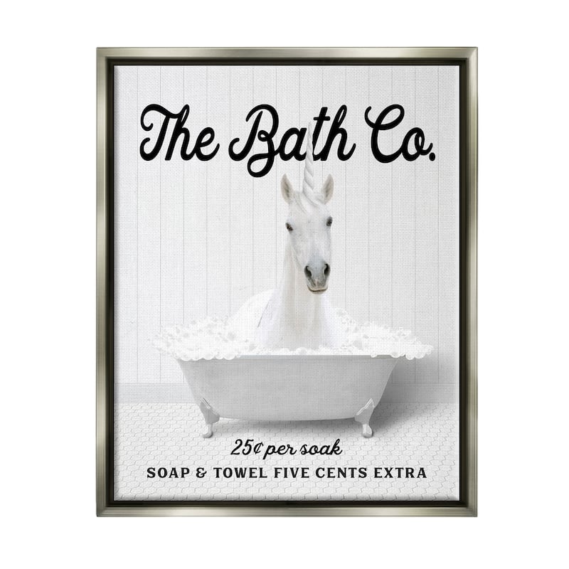 Stupell Bubble Bathtub Unicorn Framed Floater Canvas Wall Art Design by Lettered and Lined - 17 x 21 - Grey