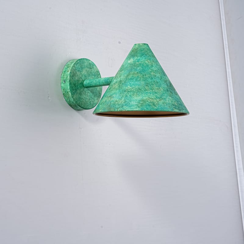 8.3 in. W Rustic Farmhouse Distressed Green Metal Cone Wall Sconce with Gold Interior Accent