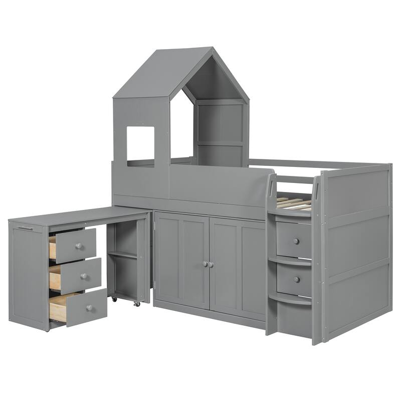Roomfitters Twin Size House Loft Bed with Rolling Desk, Storage Cabinets and Staircase, All-in-One Space Saving Sleeper