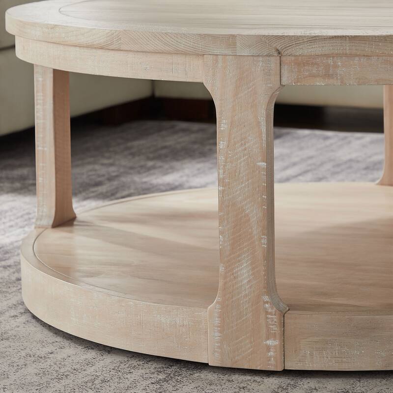 GDF Studio - Rustic Solid Wood 40" Two-Tier Round Coffee Table with Wheels