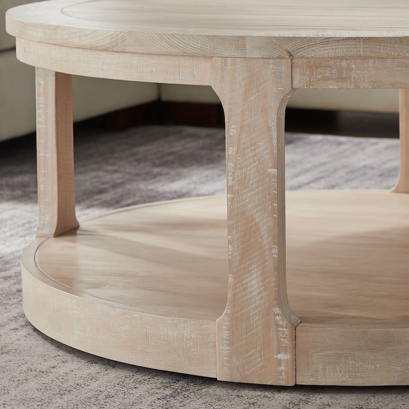 Traditional Coffee Table 2 Tier Round Wooden Center Table with Wheels