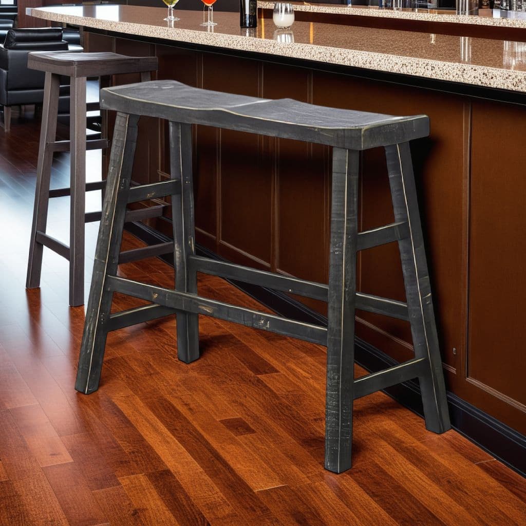 Rena Bar Height Bench | Trestle Legs with Footrests | 33" Wide Rustic Black Mahogany Wood