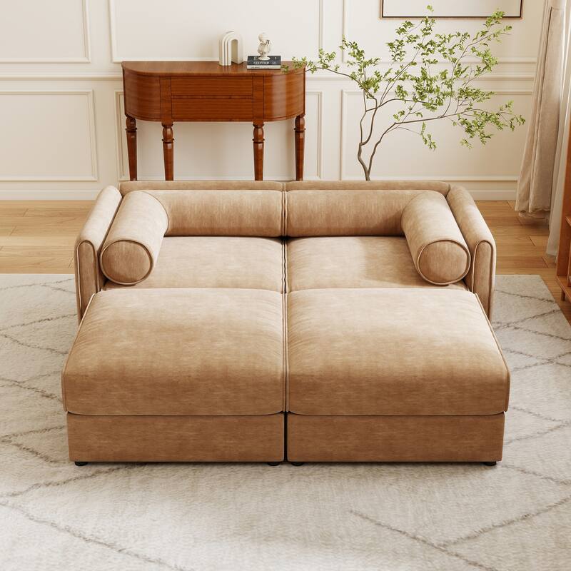 75.5" Chenille 2-Seater Sofa with 2 Ottomans & Cylindrical Back