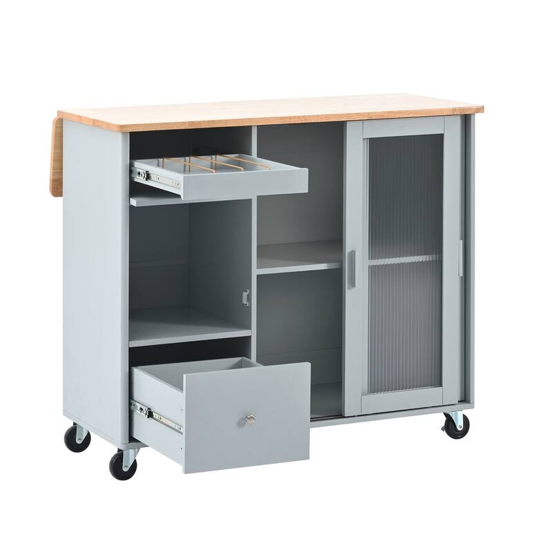 Rubberwood Kitchen Cart with Drop Leaf, Internal Storage Rack, Flip Cabinet Door, and 2 Drawers