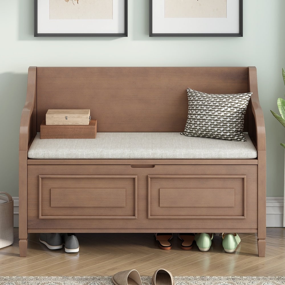 Solid Wood Entryway Multifunctional Storage Bench with Safety Hinge