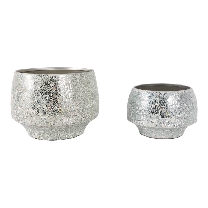 Metal Planters Mirrored Mosaic Surface Modern Accent Home (Set of 2)
