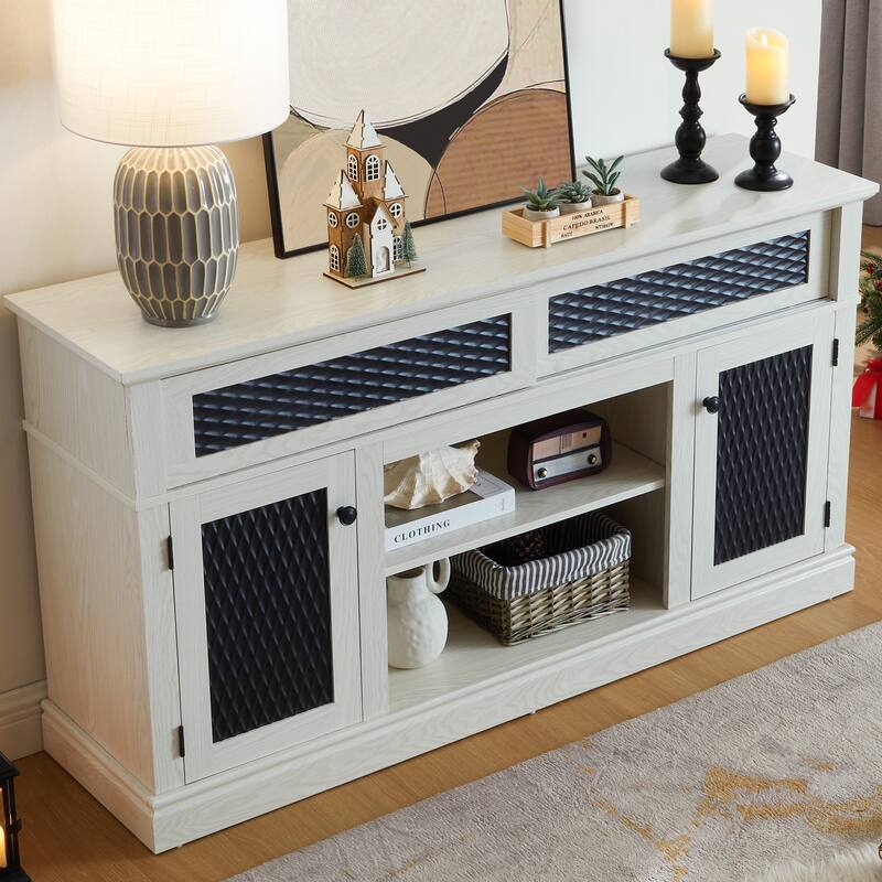 2 Door Embossed Pattern TV Stand with Open Storage Shelf and Sliding Door, Entertainment Center for TVs up to 65''