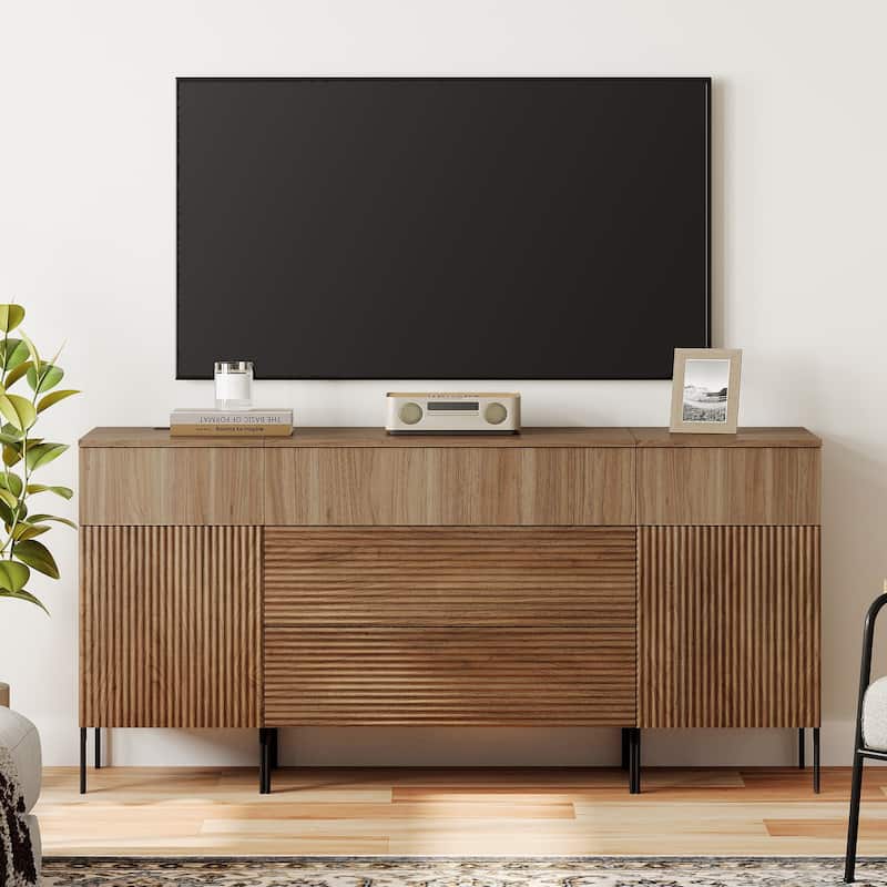 63" Modern Reeded Dresser TV Stand With Drawers, Entertainment Center With Charging Station - Walnut