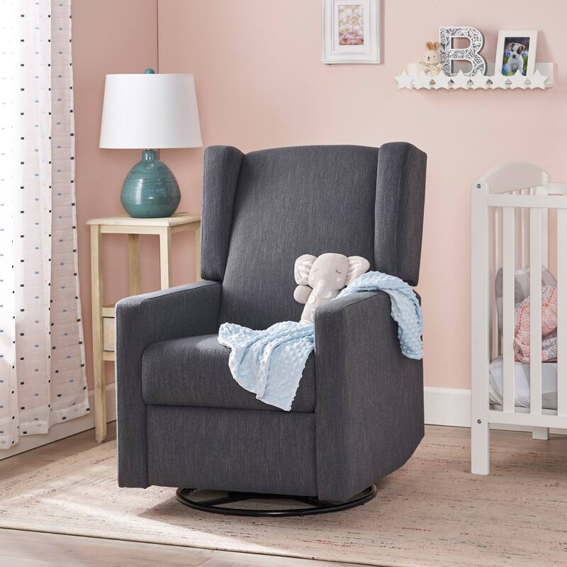 Roomfitters Contemporary Fabric Upholstered Swivel Recliner Chair with Wingback Design and Square Armrests, Charcoal