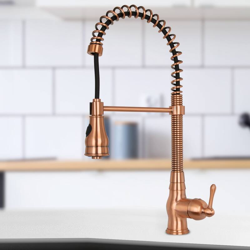 Copper Pre-Rinse Spring Kitchen Faucet, Single Level Solid Brass Kitchen Sink Faucets with Pull Down Sprayer - 8.9x21"