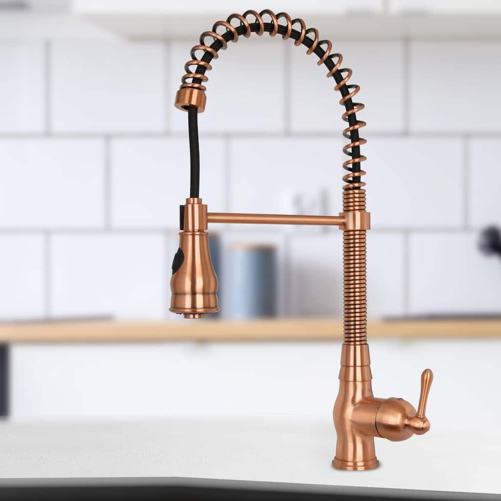 Copper Pre-Rinse Spring Kitchen Faucet, Single Level Solid Brass Kitchen Sink Faucets with Pull Down Sprayer - 8.9x21"