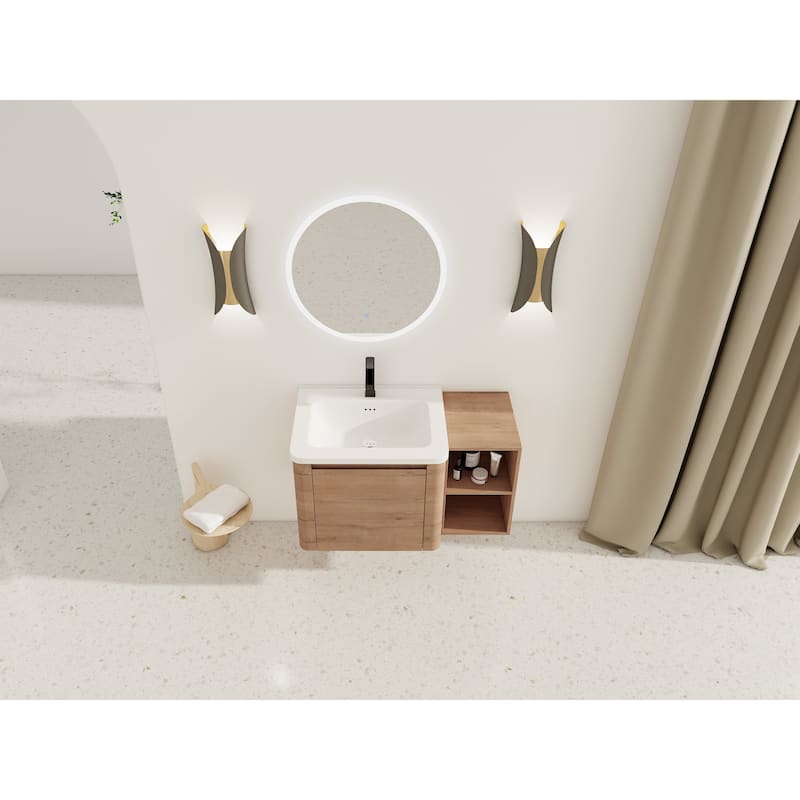36'' Wall-Mounted Bathroom Vanity with White Ceramic Sink and Storage Shelves & 1-Soft-Close Door, KD-Packing, Plywood