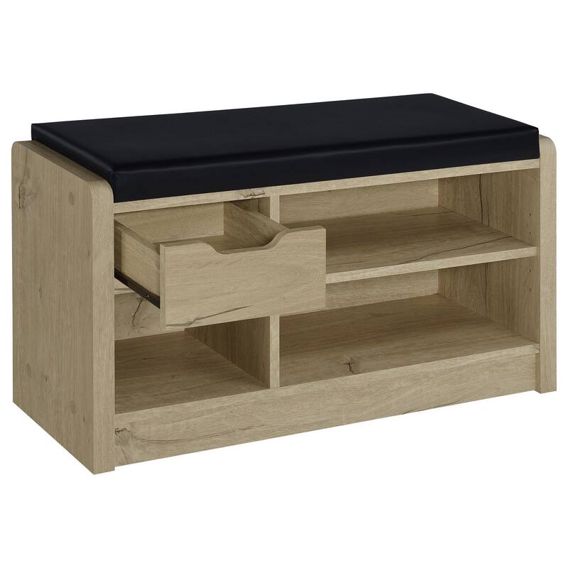 Aryn Storage Bench, Adjustable Shelf, Black Faux Leather, Oak Brown