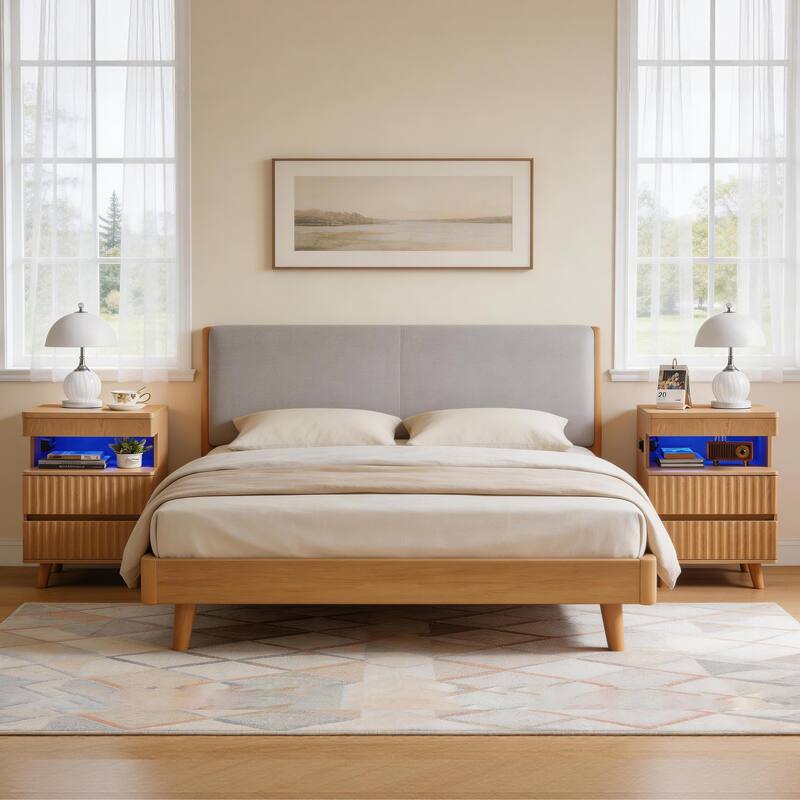 Modern Bedside Table with Gun Drawer,Bedside Table with Charging Station, 2 Drawers and Open Shelf,Side Table for Bedroom