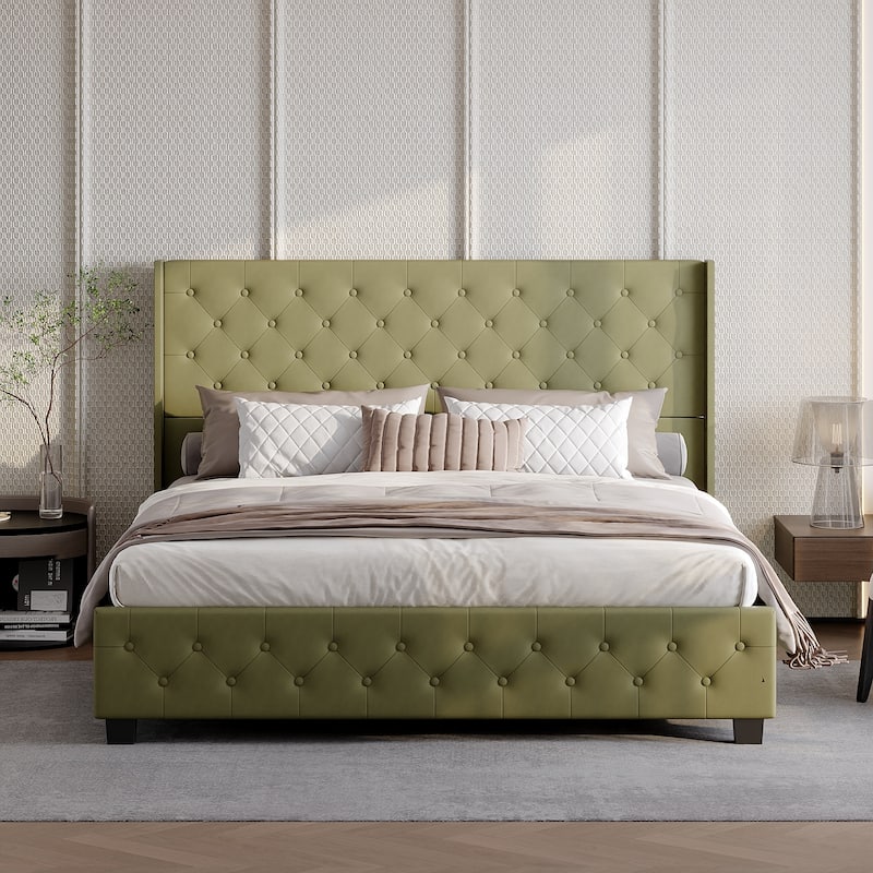 King Size Olive Green Leather Upholstered Platform Bed with Extra Tall 52.8" Tufted Wingback Headboard Bed Frame