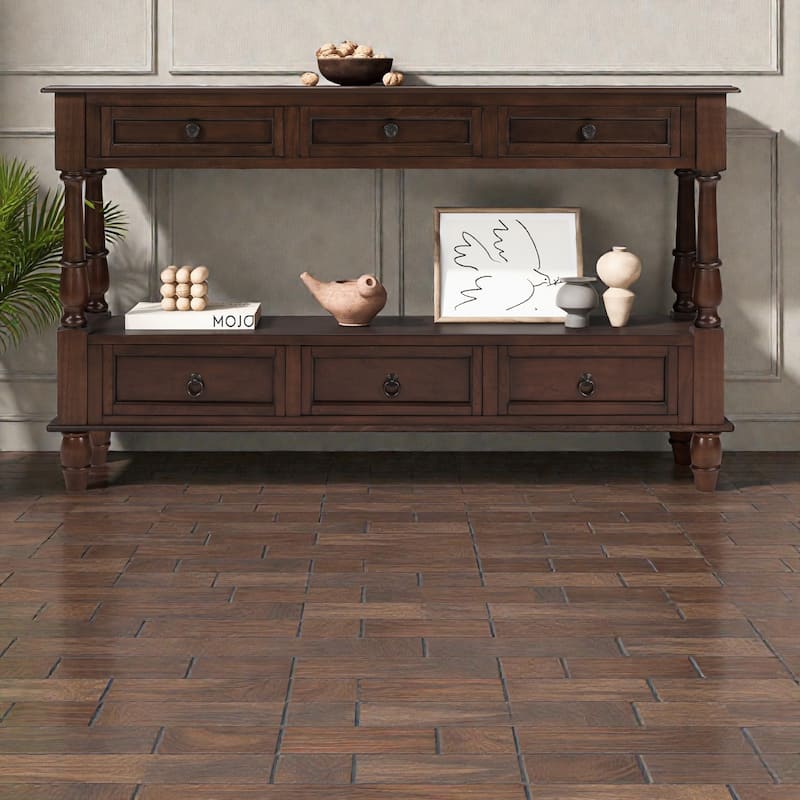 Solid Wood Console Table with 6 Drawers and Shelf, 54 Inch Vintage Entryway Sofa Table - Espresso